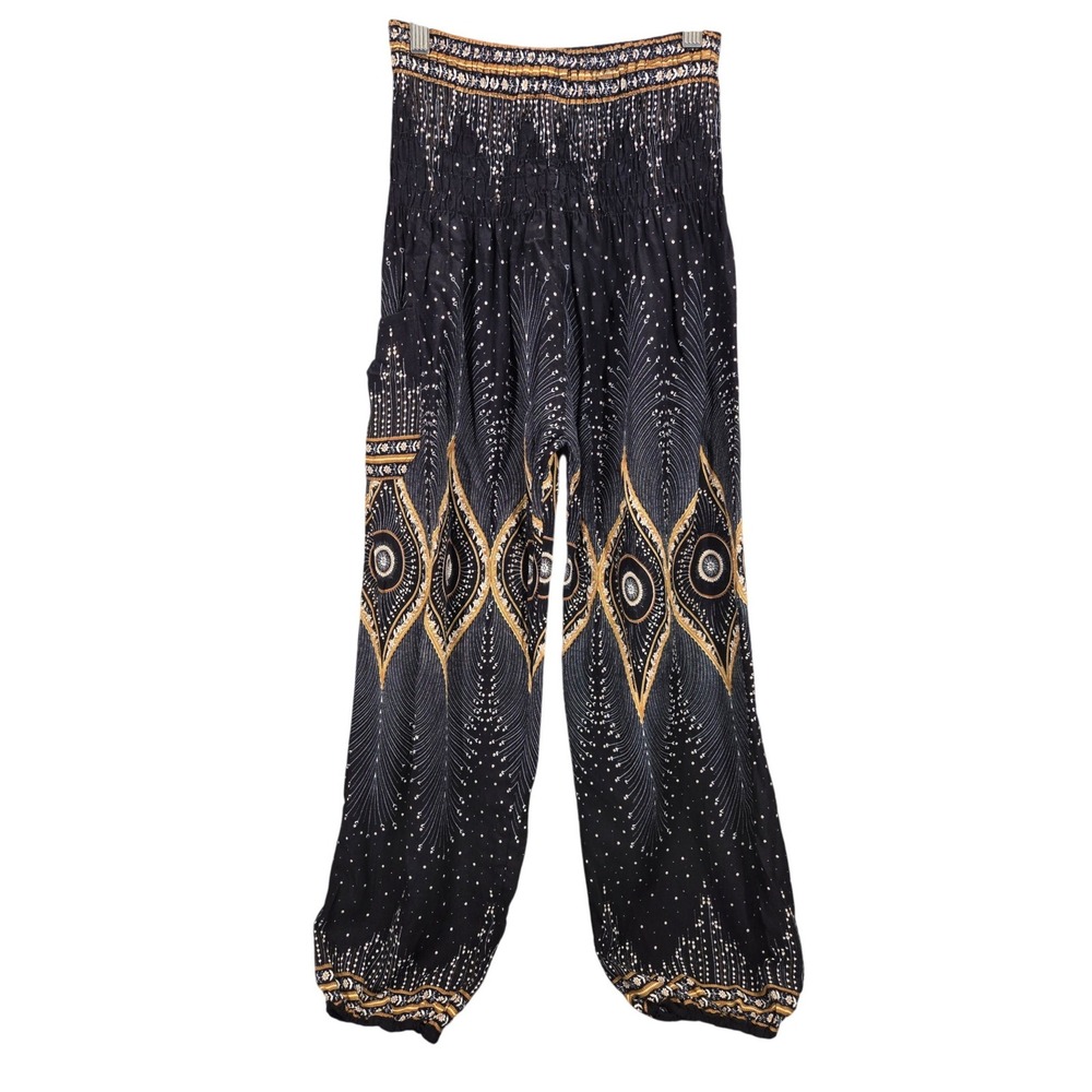 Harem Pants Black Gold Medallion Peacock Print Smocked Waist Boho Yoga Thai S/M